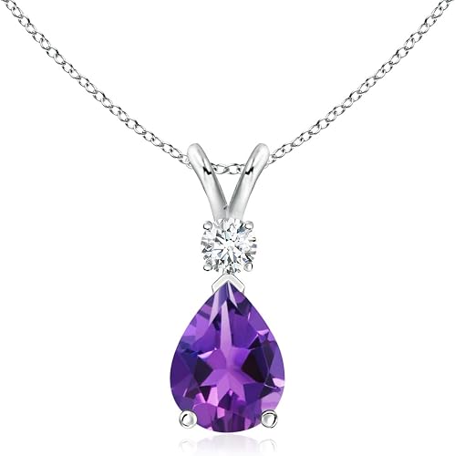 Angara Teardrop Amethyst Pendant Necklace with Diamond in 14K Gold/Platinum February birthstone for Women in 4 quality grades, 18-inch cable chain, birthday gift, with Certificate of Authenticity