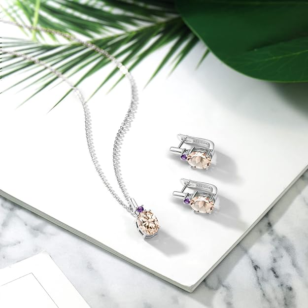 Gem Stone King Gemstone Birthstone and Purple Amethyst Pendant and Earrings Jewelry Set for Women | 925 Sterling Silver | Oval 8X6MM and Round 2.5MM | Fine Jewelry Set for Her Mom Women Wife | With 18