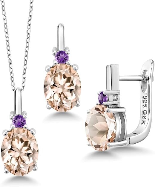 Gem Stone King Gemstone Birthstone and Purple Amethyst Pendant and Earrings Jewelry Set for Women | 925 Sterling Silver | Oval 8X6MM and Round 2.5MM | Fine Jewelry Set for Her Mom Women Wife | With 18