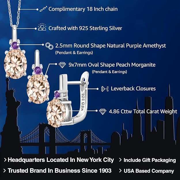 Gem Stone King Gemstone Birthstone and Purple Amethyst Pendant and Earrings Jewelry Set for Women | 925 Sterling Silver | Oval 8X6MM and Round 2.5MM | Fine Jewelry Set for Her Mom Women Wife | With 18